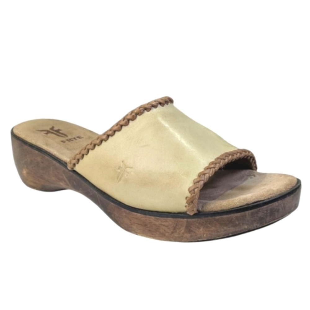 Frye Clog Sandals Women 9.5 Wooden and Leather Tan Brown Embroidered Detailing - Picture 3 of 12
